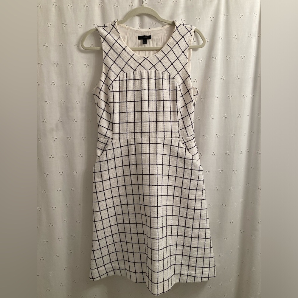 J.CREW A-Line Windowpane Tweed Dress White and Navy Blue Size 10 Pockets Lined